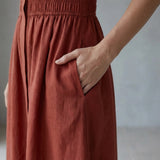 Brick Red 100% Cotton Button-Down Midi Shirt Dress