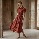 Brick Red 100% Cotton Button-Down Midi Shirt Dress