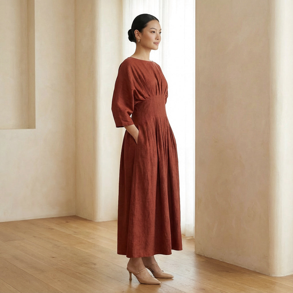 Brick Red 100% Cotton Cinched Waist Flared Maxi Dress