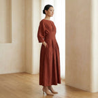 Brick Red 100% Cotton Cinched Waist Flared Maxi Dress
