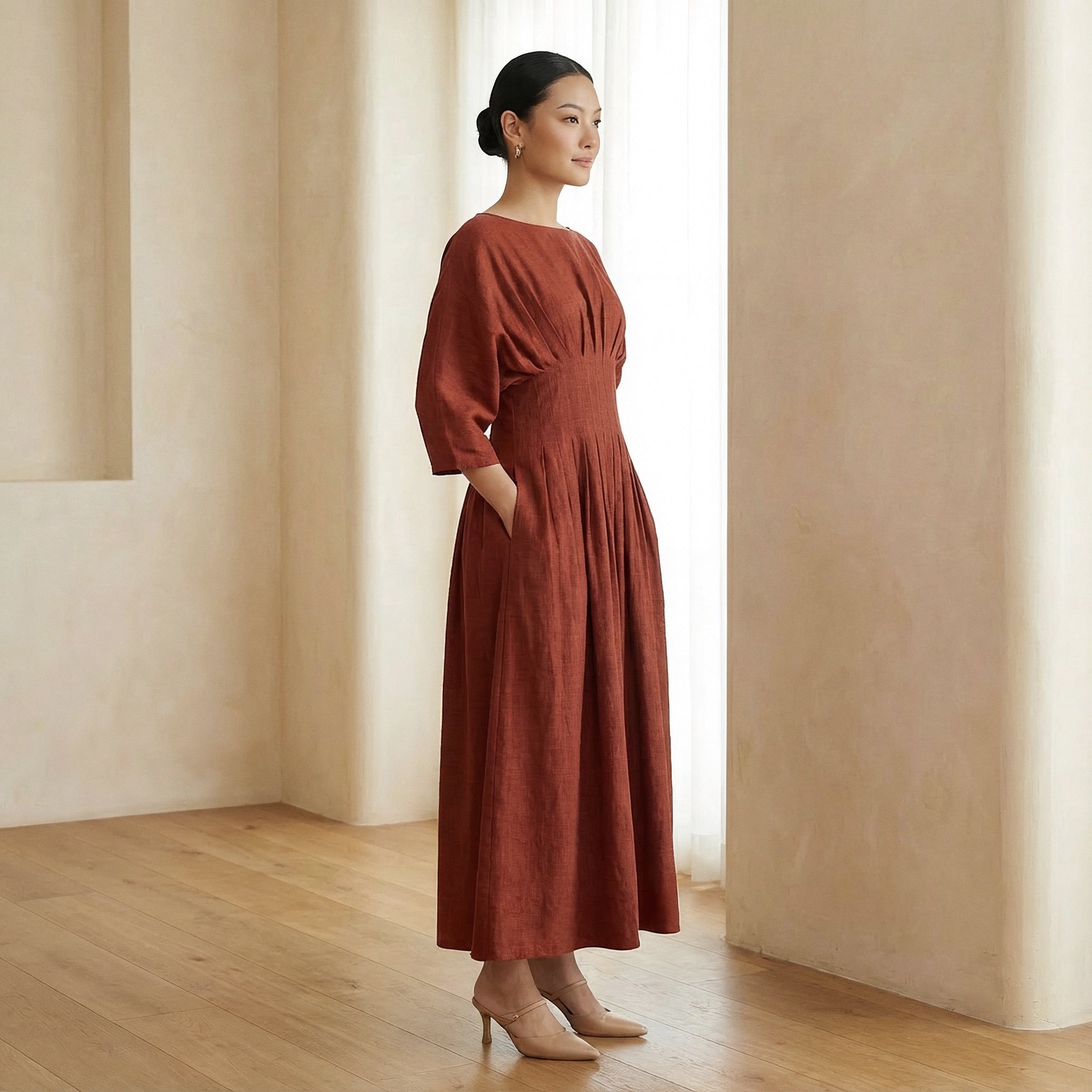 Brick Red 100% Cotton Cinched Waist Flared Maxi Dress
