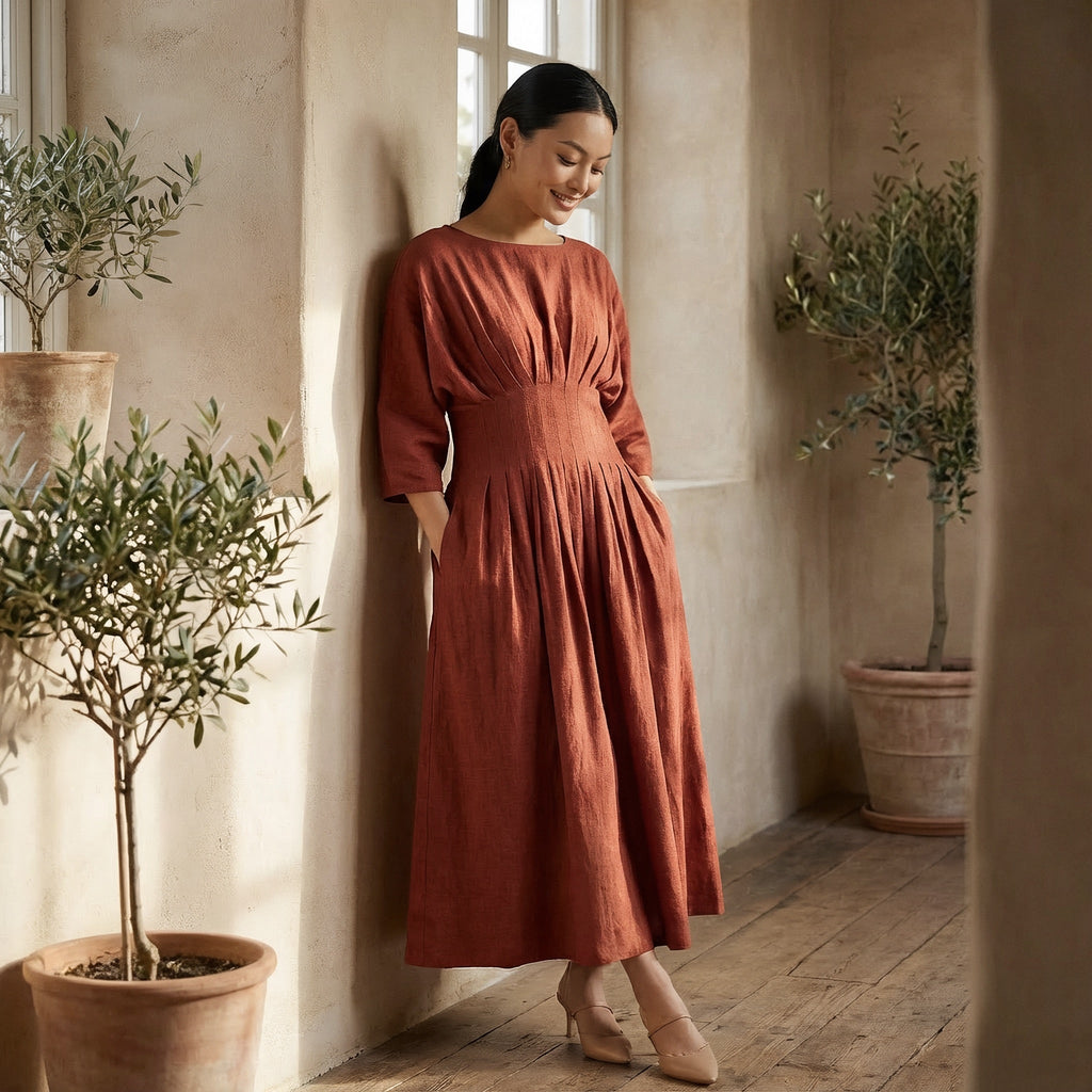 Brick Red 100% Cotton Cinched Waist Flared Maxi Dress