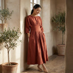 Brick Red 100% Cotton Cinched Waist Flared Maxi Dress
