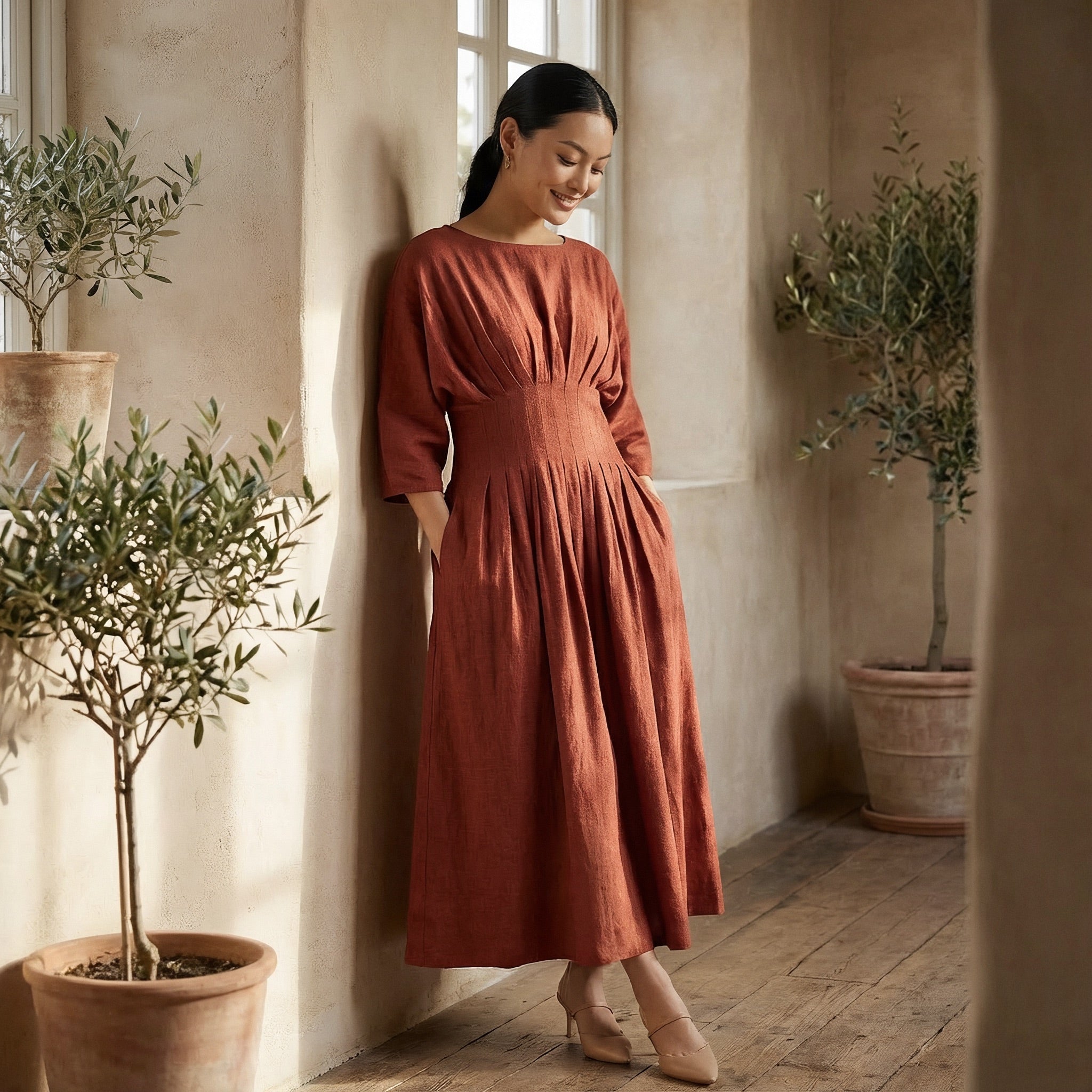 Brick Red 100% Cotton Cinched Waist Flared Maxi Dress