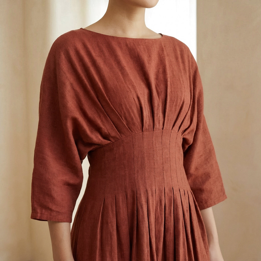 Brick Red 100% Cotton Cinched Waist Flared Maxi Dress