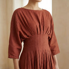 Brick Red 100% Cotton Cinched Waist Flared Maxi Dress