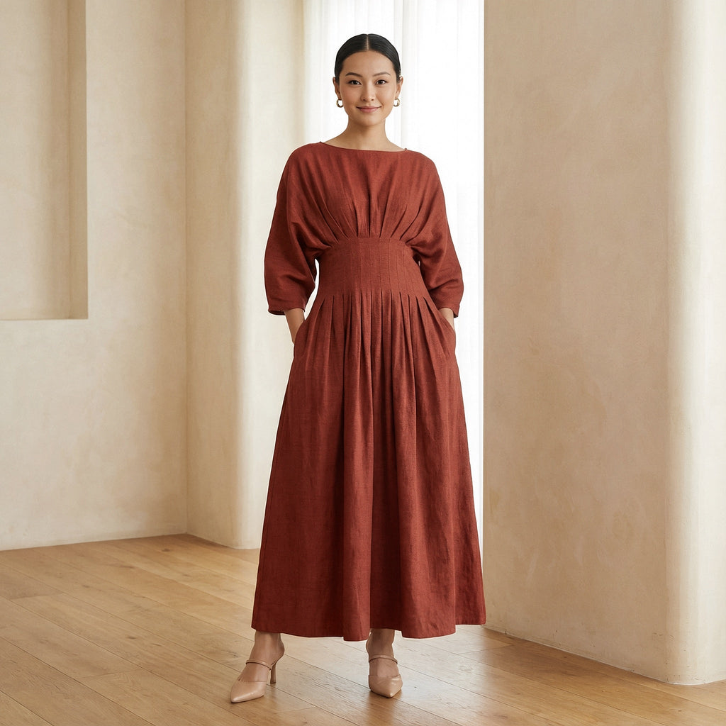 Brick Red 100% Cotton Cinched Waist Flared Maxi Dress