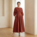 Brick Red 100% Cotton Cinched Waist Flared Maxi Dress