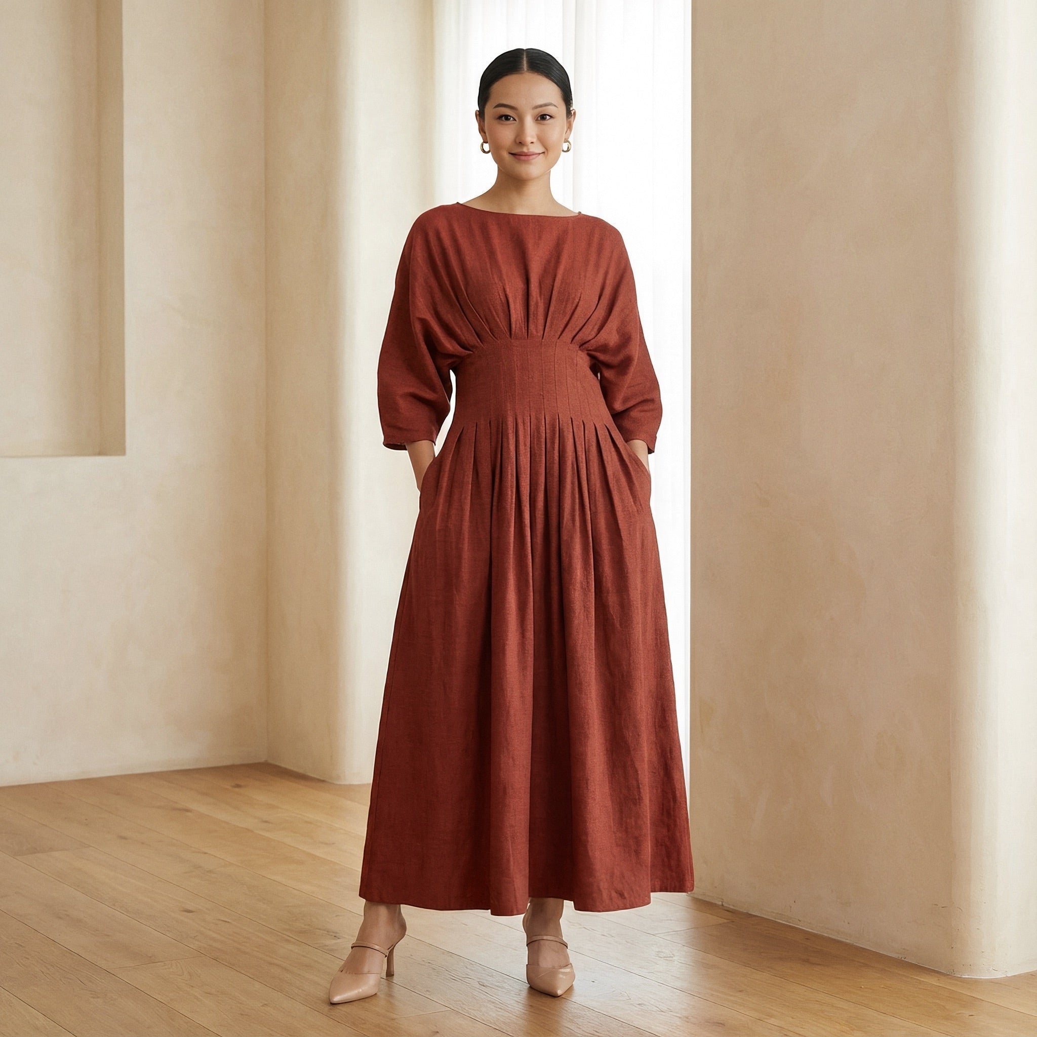 Brick Red 100% Cotton Cinched Waist Flared Maxi Dress