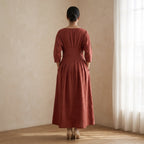 Brick Red 100% Cotton Cinched Waist Flared Maxi Dress