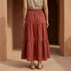 Brick Red 100% Cotton Elasticated Maxi Tier Skirt