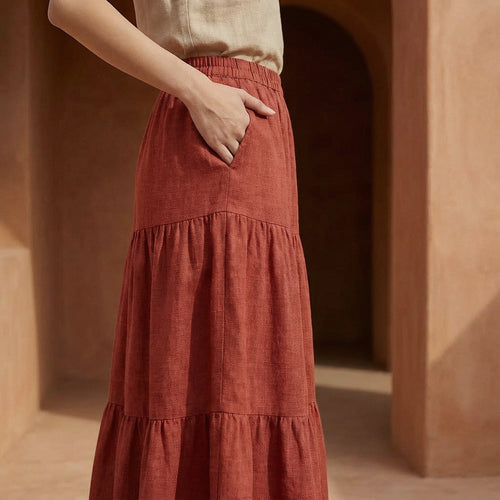 Brick Red 100% Cotton Elasticated Maxi Tier Skirt