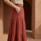 Brick Red 100% Cotton Elasticated Maxi Tier Skirt