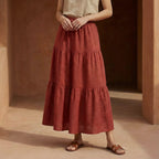 Brick Red 100% Cotton Elasticated Maxi Tier Skirt