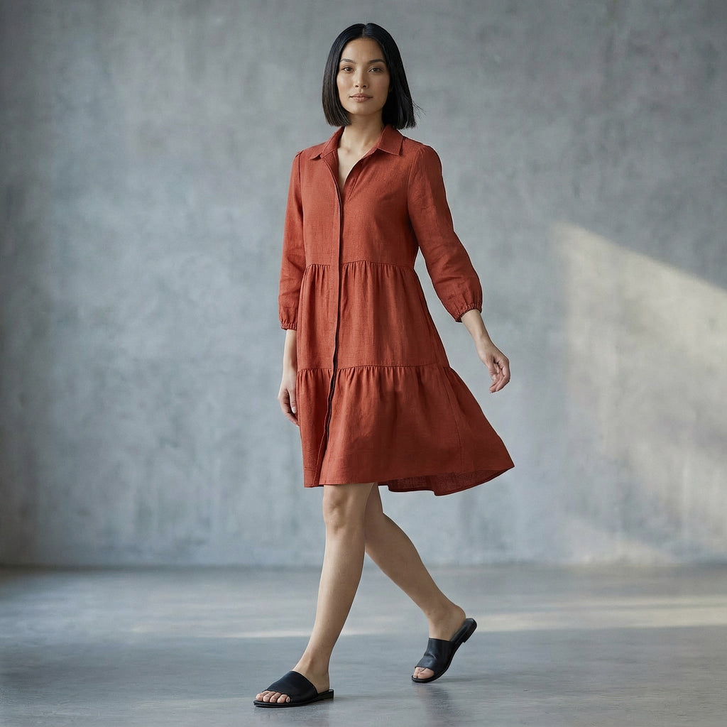 Brick Red 100% Cotton Short Shirt Dress