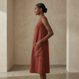 Brick Red 100% Cotton Sleeveless Paneled Swing Dress