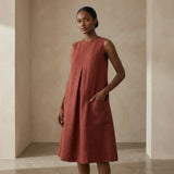 Brick Red 100% Cotton Sleeveless Paneled Swing Dress