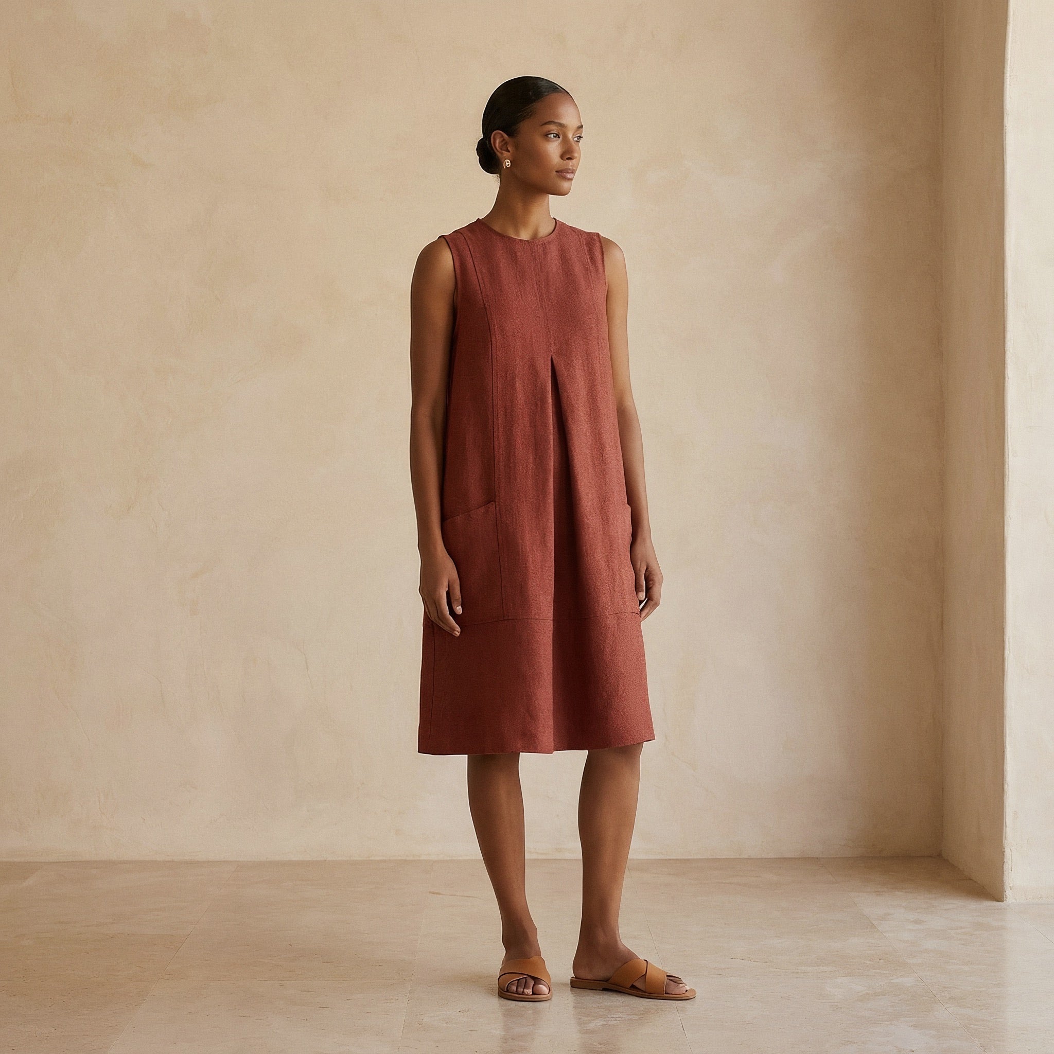 Brick Red 100% Cotton Sleeveless Paneled Swing Dress