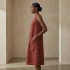 Brick Red 100% Cotton Sleeveless Paneled Swing Dress