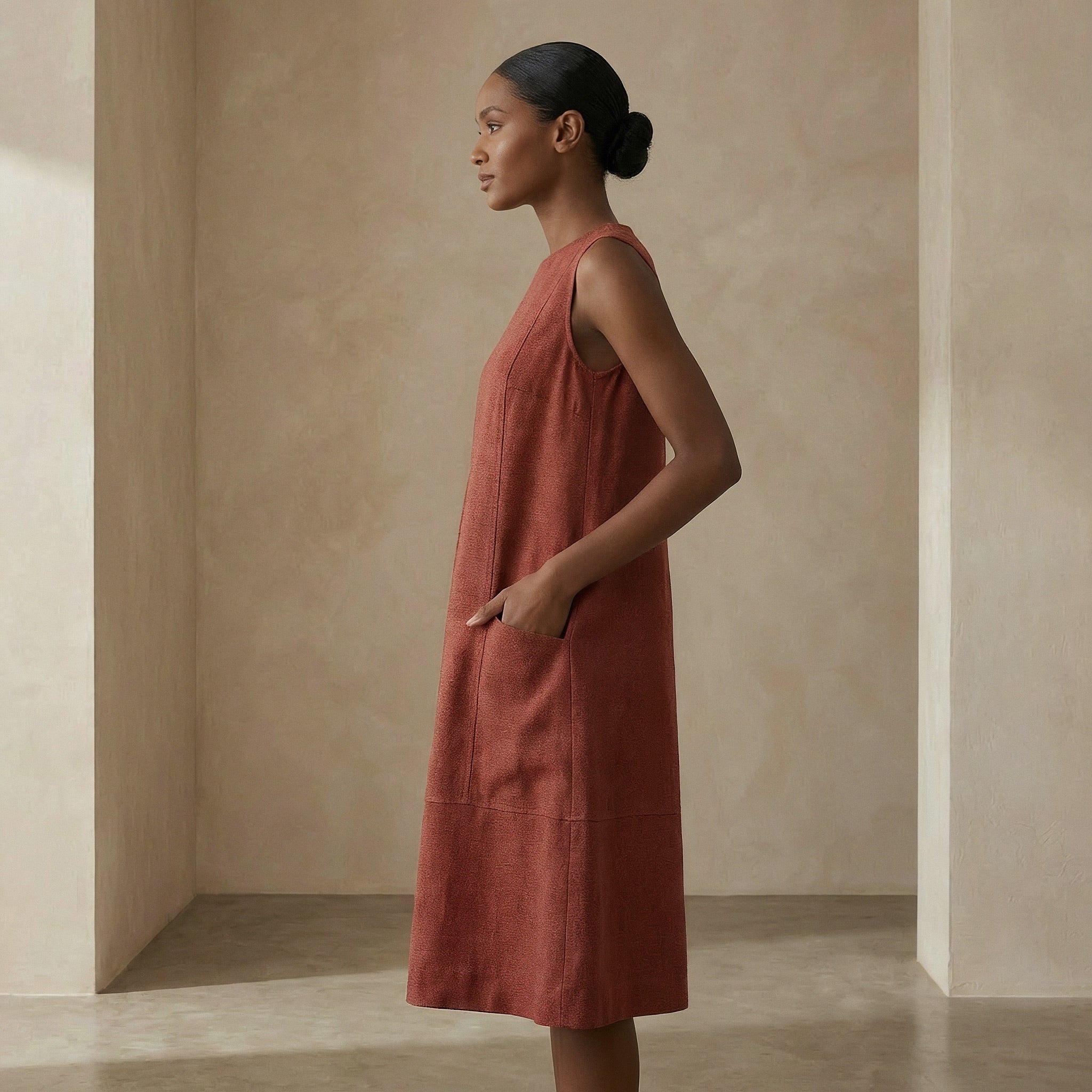 Brick Red 100% Cotton Sleeveless Paneled Swing Dress