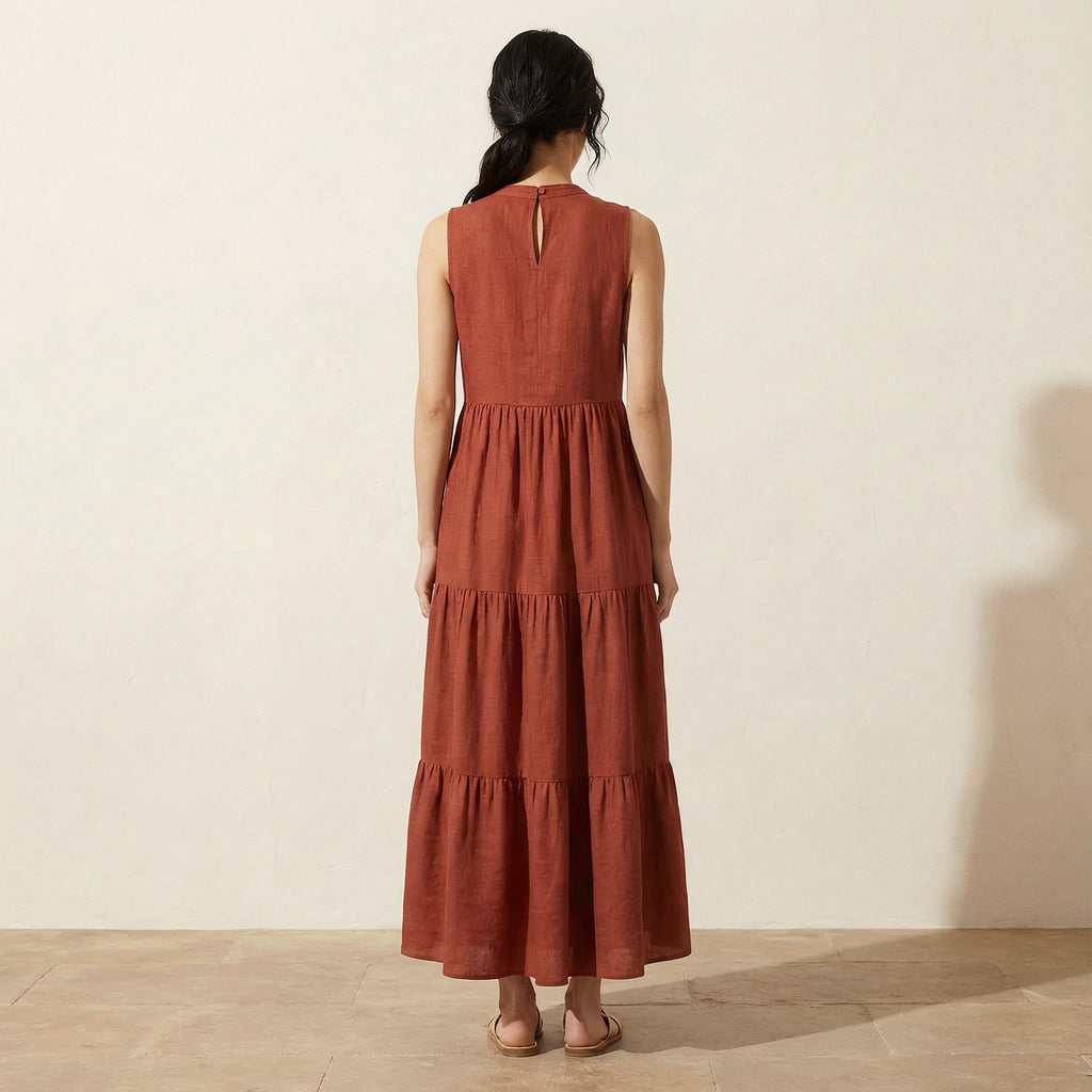 Brick Red 100% Cotton V-Neck Maxi Tier Dress