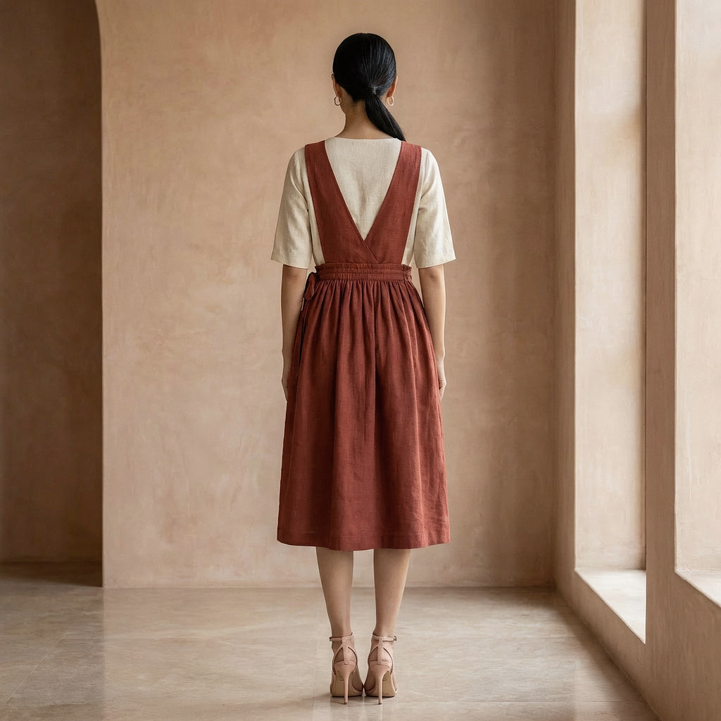 Brick Red 100% Cotton V-Neck Pinafore Midi Wrap Dress
