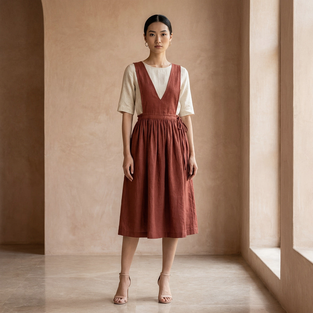Brick Red 100% Cotton V-Neck Pinafore Midi Wrap Dress