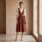 Brick Red 100% Cotton V-Neck Pinafore Midi Wrap Dress