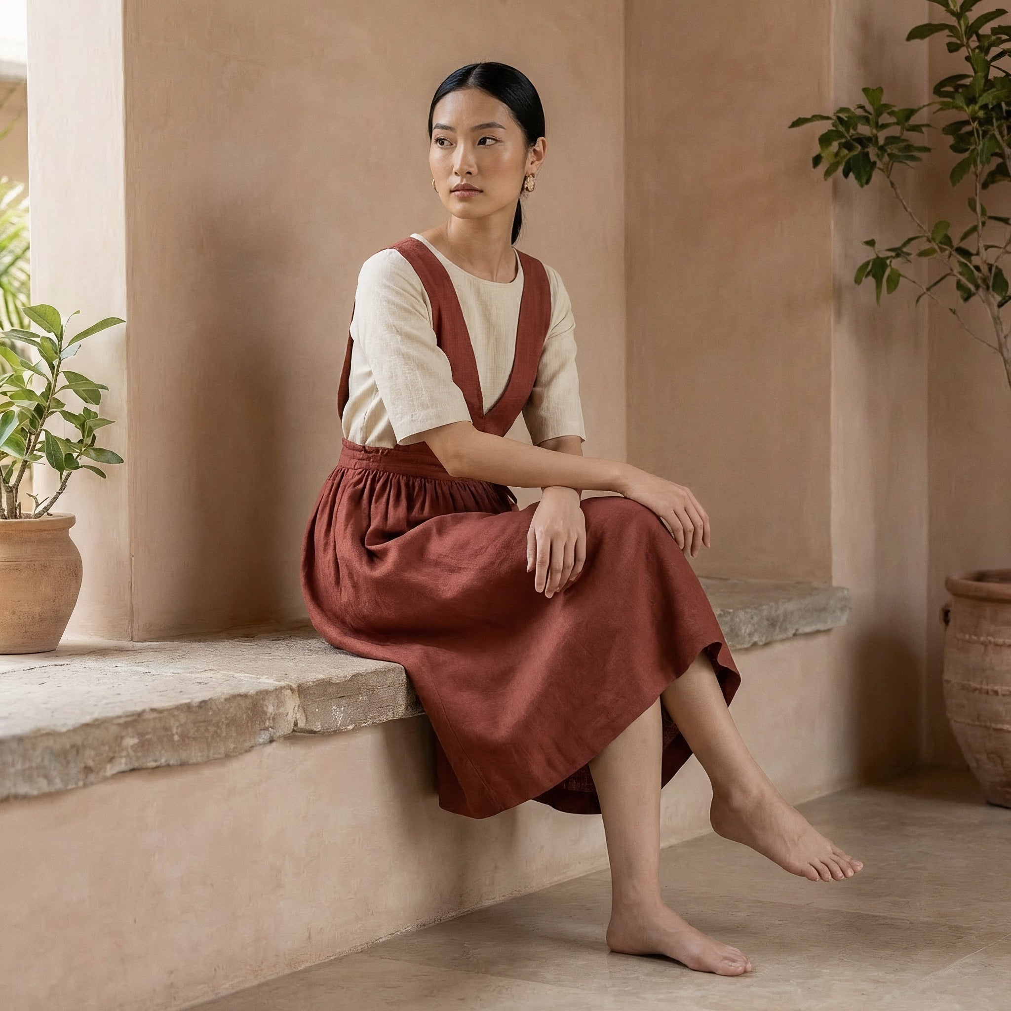 Brick Red 100% Cotton V-Neck Pinafore Midi Wrap Dress