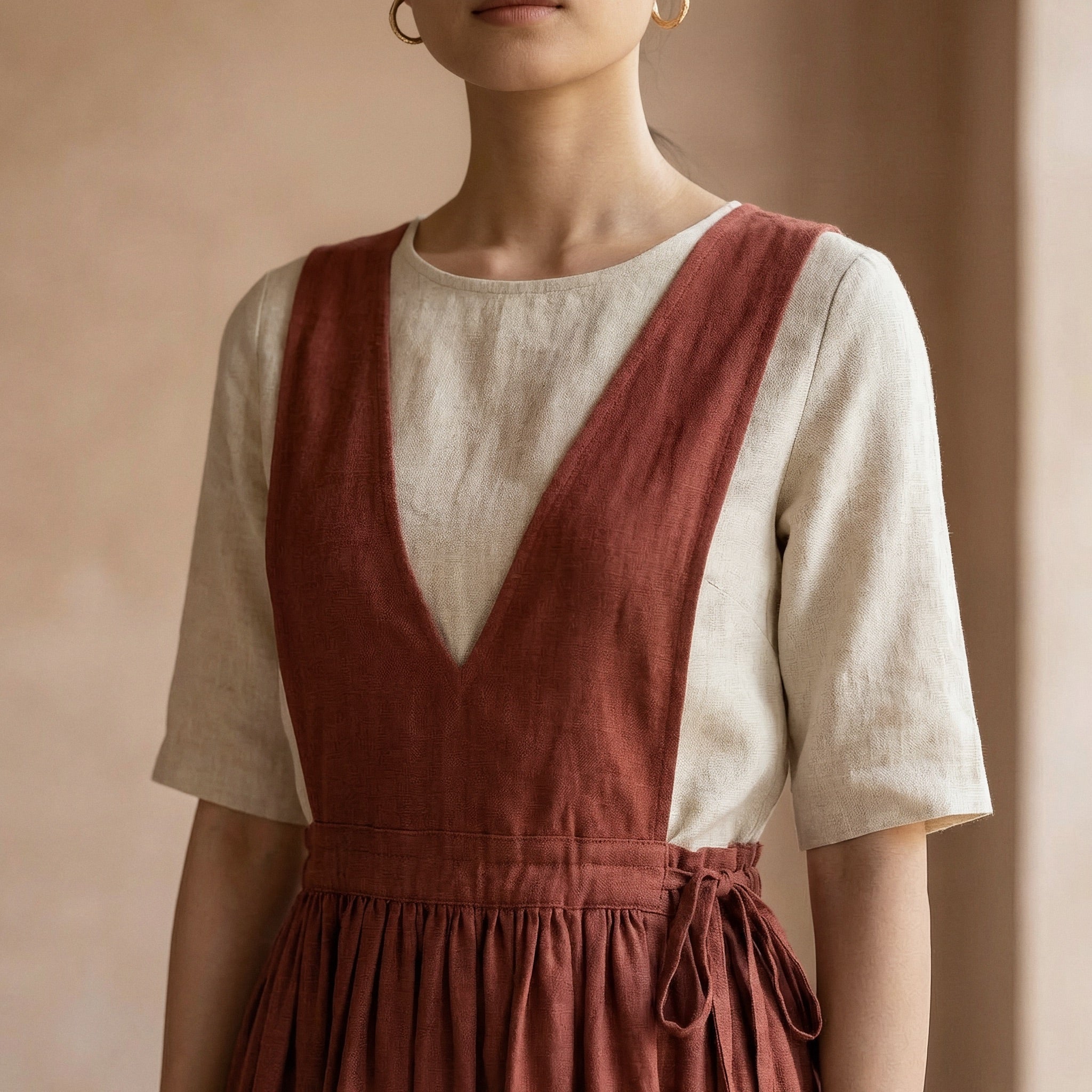 Brick Red 100% Cotton V-Neck Pinafore Midi Wrap Dress