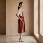 Brick Red 100% Cotton V-Neck Pinafore Midi Wrap Dress