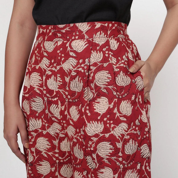 Front Detail of a Model wearing Brick Red Block Print Wide Straight Cotton Pant