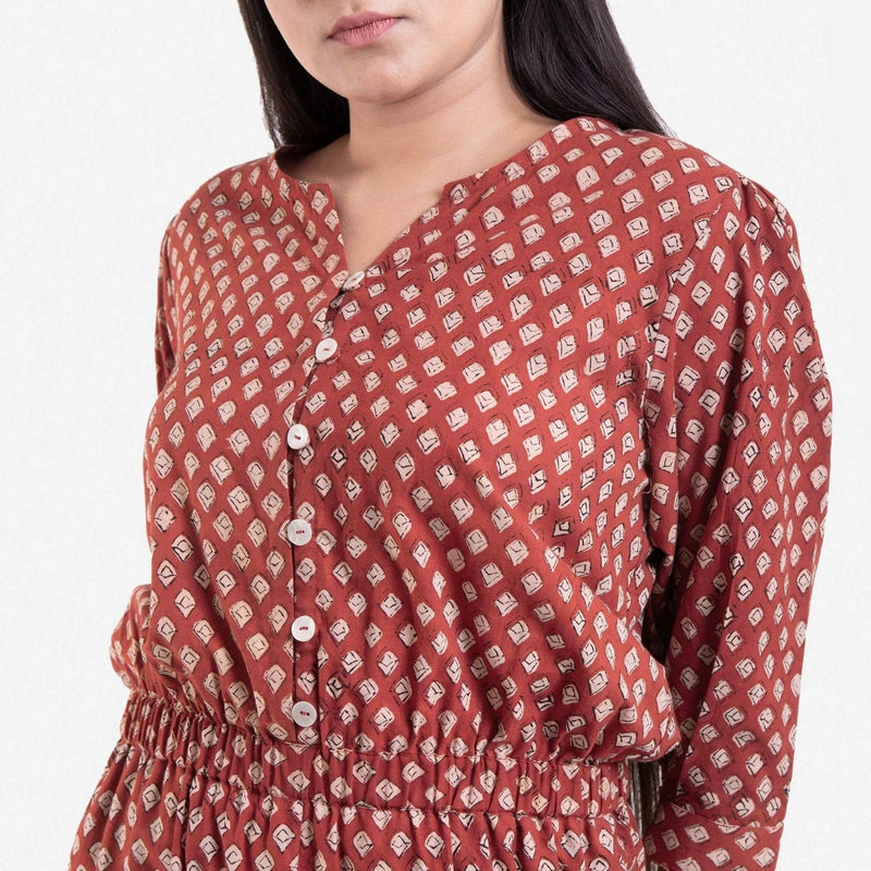 Front Detail of a Model wearing Hand Block Printed Button-Down Jumpsuit