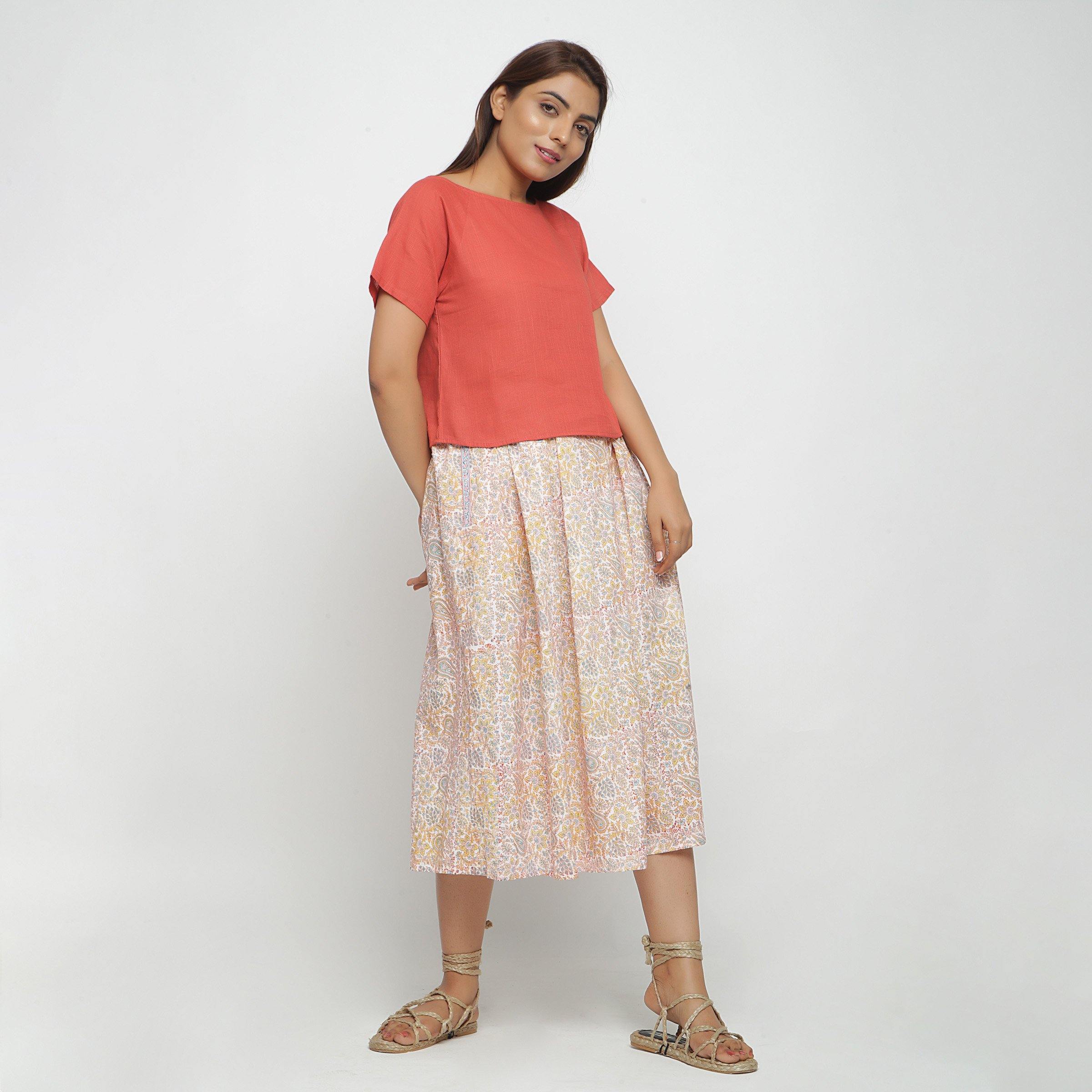 Front View of a Model wearing Brick Red Boat Neck Half Sleeve Cotton Top