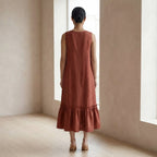 Brick Red Cotton A-Line V-Neck Sleeveless Maxi Tier Dress