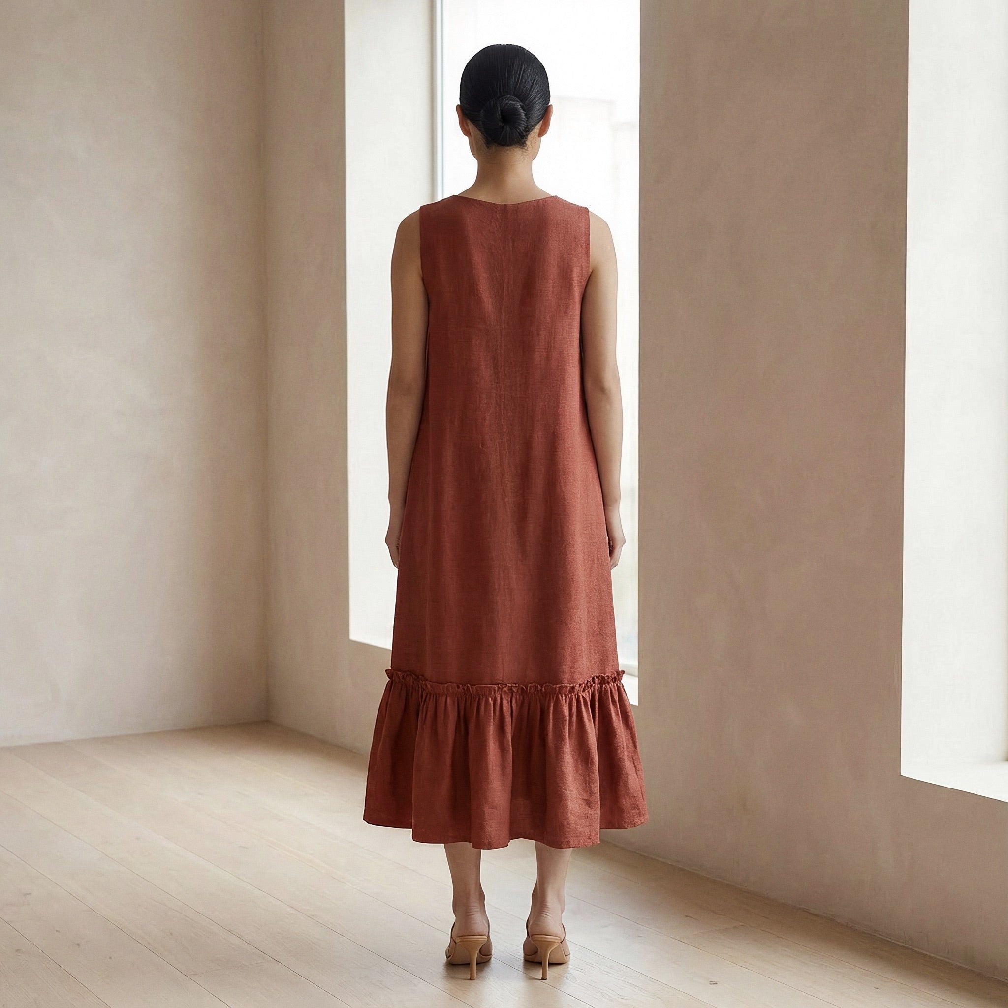 Brick Red Cotton A-Line V-Neck Sleeveless Maxi Tier Dress