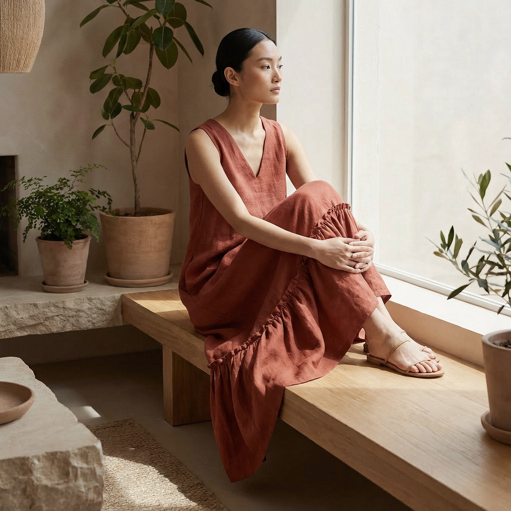 Brick Red Cotton A-Line V-Neck Sleeveless Maxi Tier Dress
