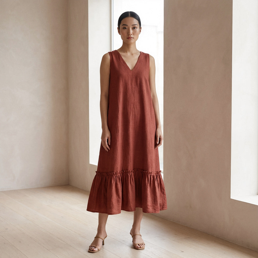 Brick Red Cotton A-Line V-Neck Sleeveless Maxi Tier Dress