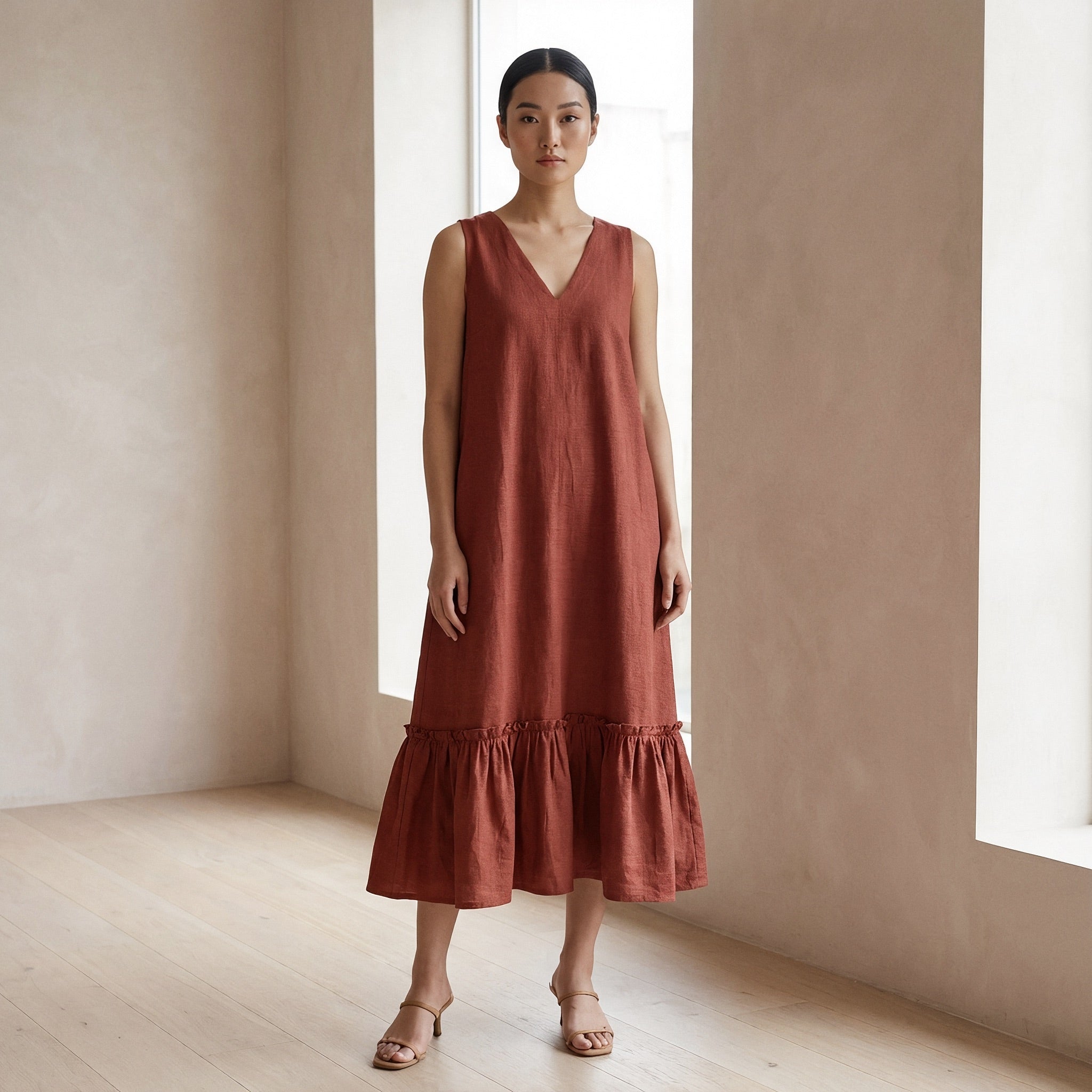 Brick Red Cotton A-Line V-Neck Sleeveless Maxi Tier Dress