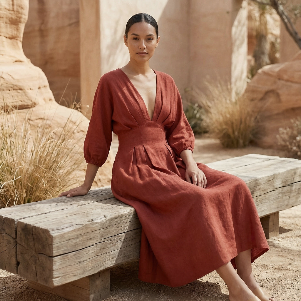 Brick Red Cotton Deep-V Neck Empire Waist Maxi Dress