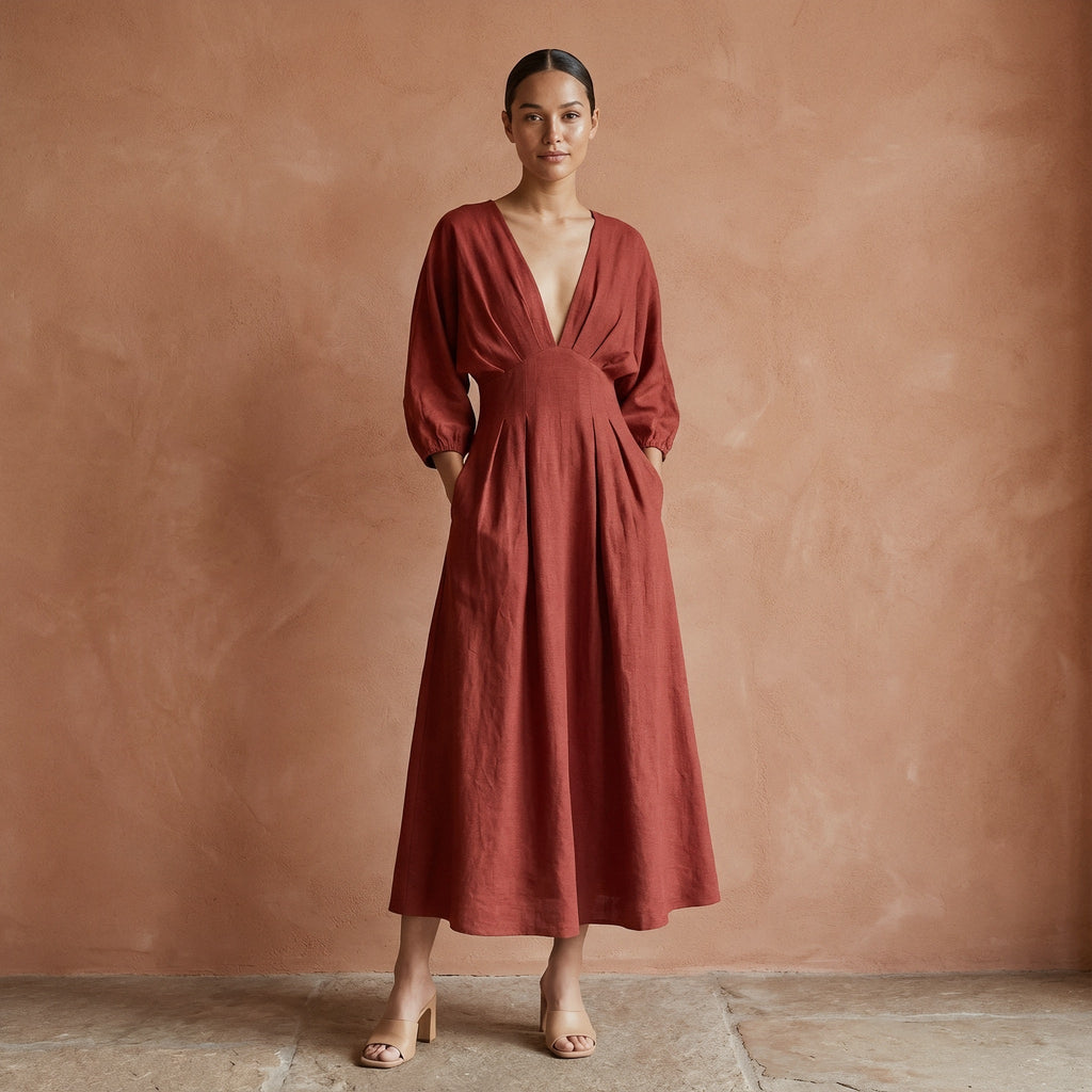 Brick Red Cotton Deep-V Neck Empire Waist Maxi Dress