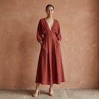 Brick Red Cotton Deep-V Neck Empire Waist Maxi Dress