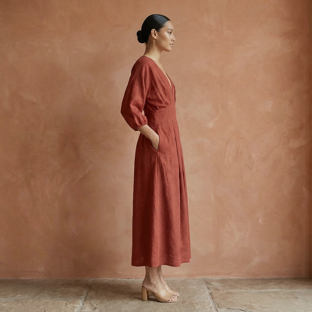 Brick Red Cotton Deep-V Neck Empire Waist Maxi Dress