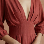 Brick Red Cotton Deep-V Neck Empire Waist Maxi Dress