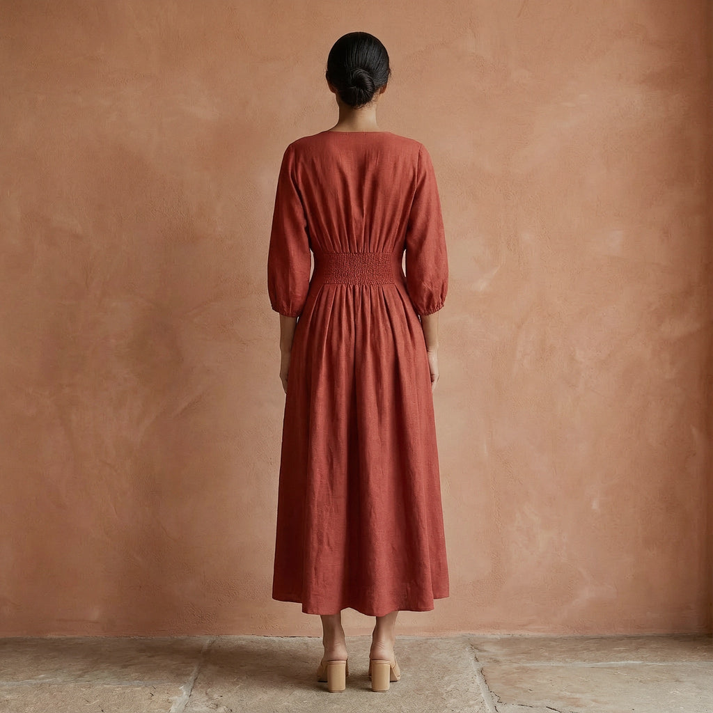 Brick Red Cotton Deep-V Neck Empire Waist Maxi Dress