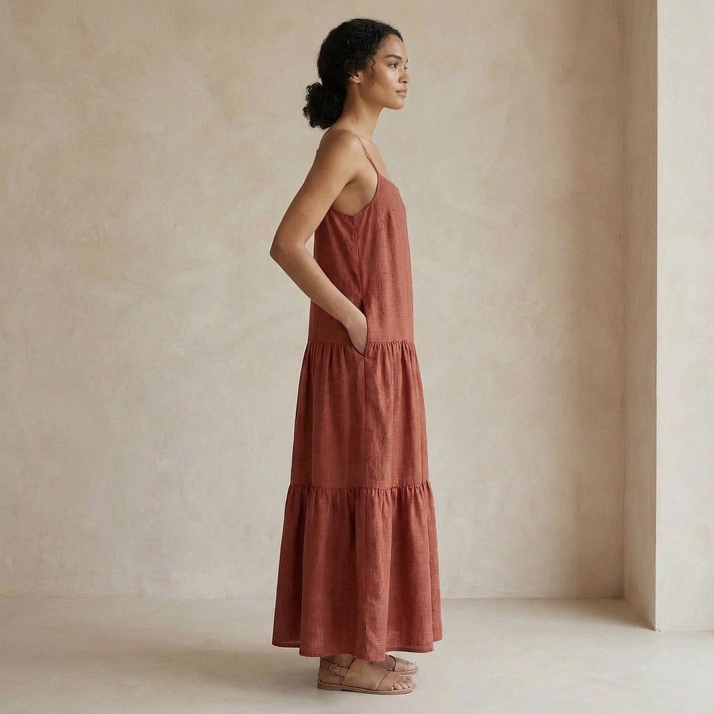 Brick Red Cotton Drop-Waist Camisole Maxi Tier Dress