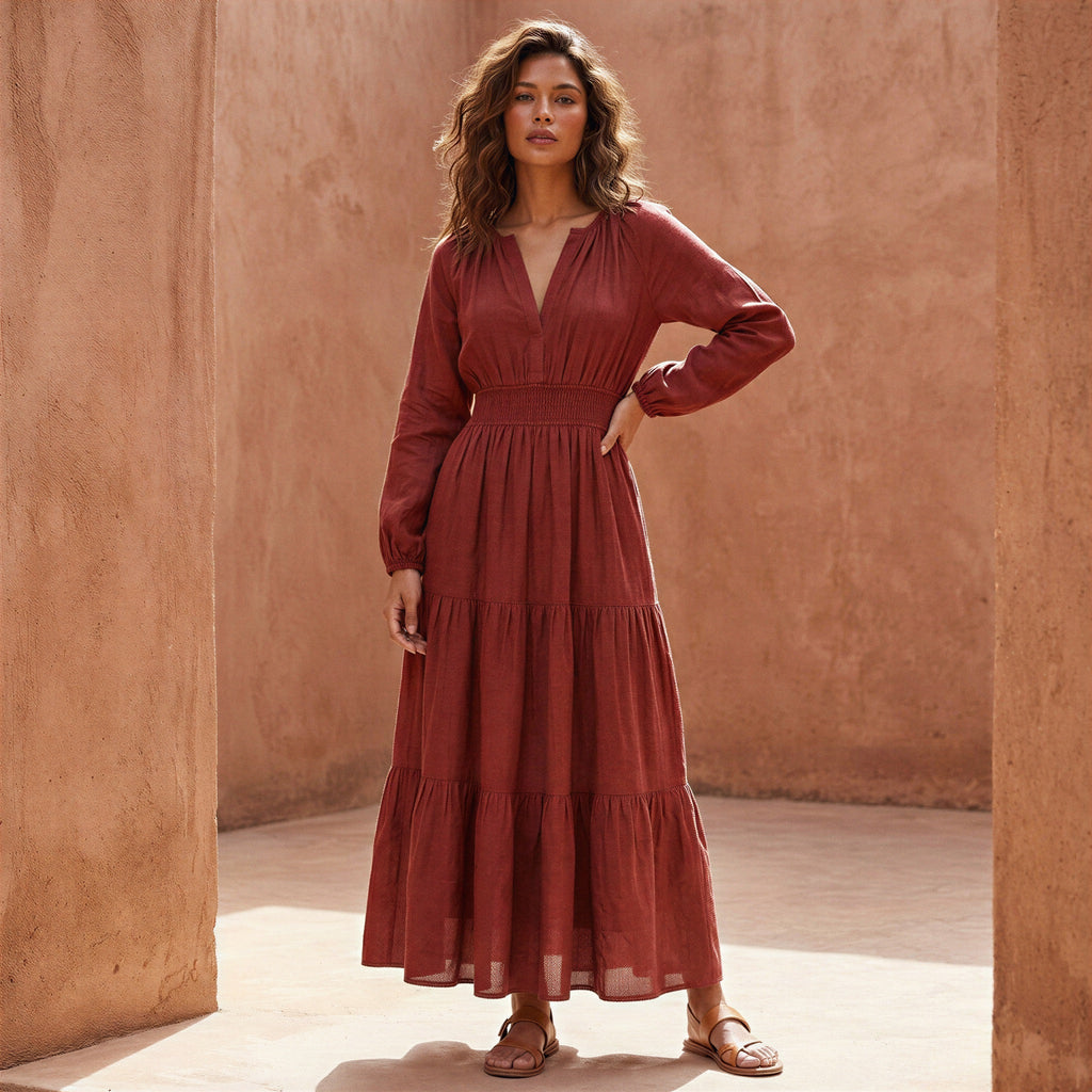 Brick Red Cotton Fit and Flare Maxi Tier Dress