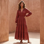 Brick Red Cotton Fit and Flare Maxi Tier Dress