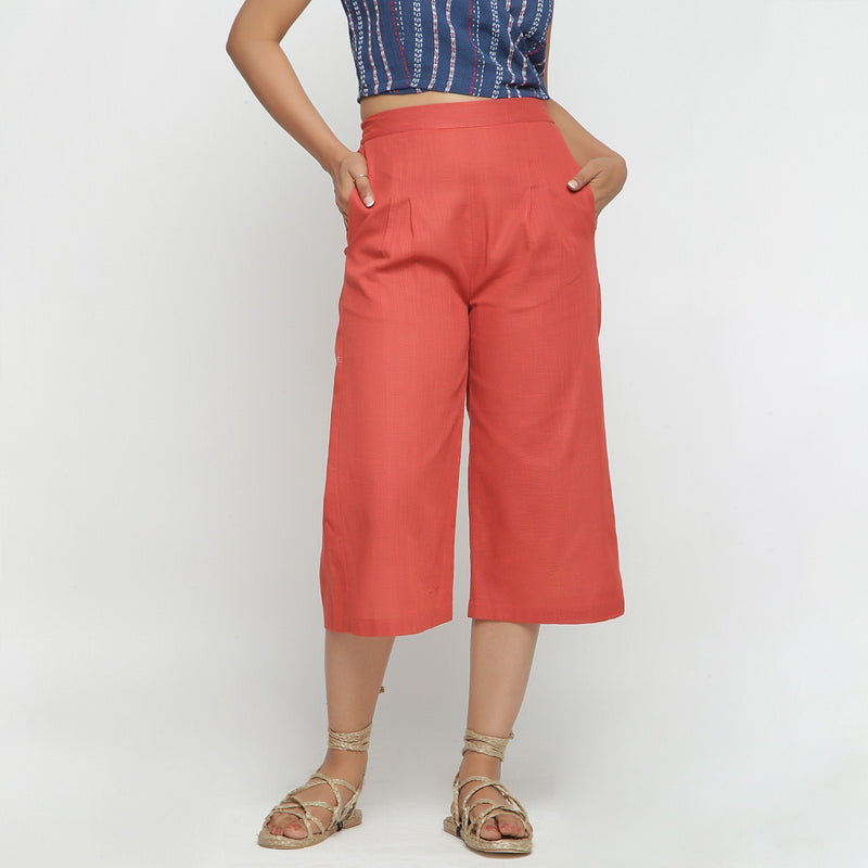 Front View of a Model wearing Brick Red 100% Cotton High-Rise Culottes