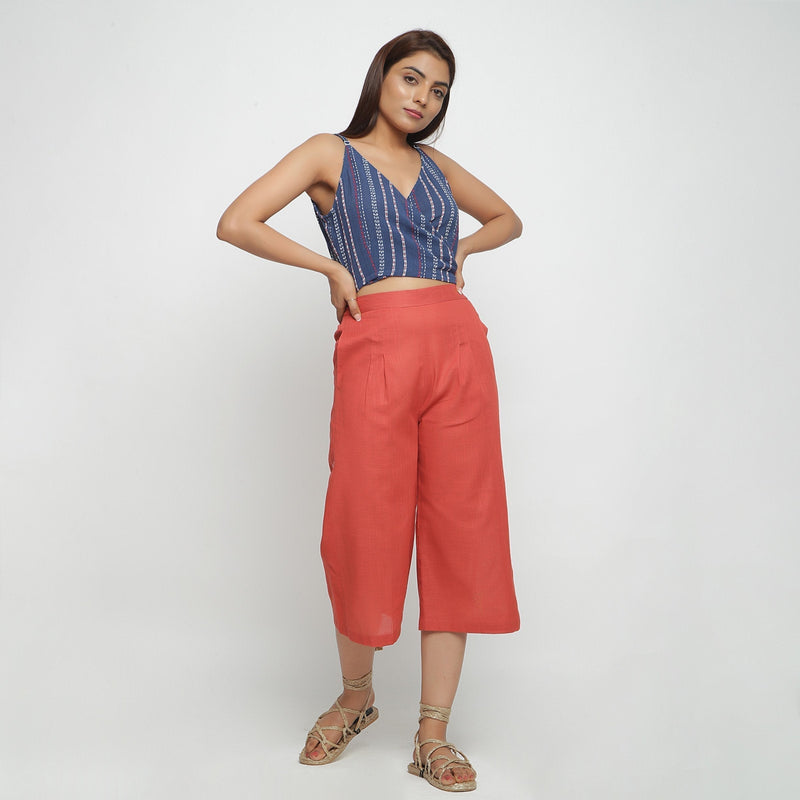 Front View of a Model wearing Brick Red 100% Cotton High-Rise Culottes